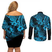 Hawaii Pineapple Couples Matching Off Shoulder Short Dress and Long Sleeve Button Shirts Polynesian Pattern Sky Blue Version LT01 - Polynesian Pride