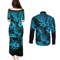 Hawaii Pineapple Couples Matching Puletasi Dress and Long Sleeve Button Shirts Polynesian Pattern Sky Blue Version LT01 - Polynesian Pride