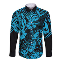 Hawaii Pineapple Long Sleeve Button Shirt Polynesian Pattern Sky Blue Version LT01 Unisex Blue - Polynesian Pride