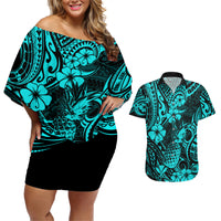 Hawaii Pineapple Couples Matching Off Shoulder Short Dress and Hawaiian Shirt Polynesian Pattern Turquoise Version LT01 Turquoise - Polynesian Pride