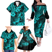 Hawaii Pineapple Family Matching Off Shoulder Long Sleeve Dress and Hawaiian Shirt Polynesian Pattern Turquoise Version LT01 - Polynesian Pride