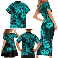 Hawaii Pineapple Family Matching Short Sleeve Bodycon Dress and Hawaiian Shirt Polynesian Pattern Turquoise Version LT01 - Polynesian Pride