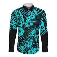 Hawaii Pineapple Long Sleeve Button Shirt Polynesian Pattern Turquoise Version LT01 Unisex Turquoise - Polynesian Pride
