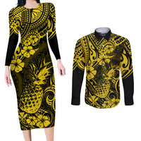 Hawaii Pineapple Couples Matching Long Sleeve Bodycon Dress and Long Sleeve Button Shirts Polynesian Pattern Yellow Version LT01 Yellow - Polynesian Pride