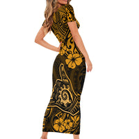 Hawaii Shaka Sign Family Matching Short Sleeve Bodycon Dress and Hawaiian Shirt With Polynesian Hibiscus Gold Unique LT01 - Polynesian Pride