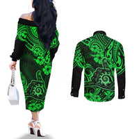 Hawaii Shaka Sign Couples Matching Off The Shoulder Long Sleeve Dress and Long Sleeve Button Shirts With Polynesian Hibiscus Green Unique LT01 - Polynesian Pride