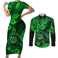Hawaii Shaka Sign Couples Matching Short Sleeve Bodycon Dress and Long Sleeve Button Shirts With Polynesian Hibiscus Green Unique LT01 Green - Polynesian Pride