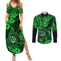 Hawaii Shaka Sign Couples Matching Summer Maxi Dress and Long Sleeve Button Shirts With Polynesian Hibiscus Green Unique LT01 Green - Polynesian Pride