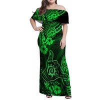 Hawaii Shaka Sign Family Matching Off Shoulder Maxi Dress and Hawaiian Shirt With Polynesian Hibiscus Green Unique LT01 Mom's Dress Green - Polynesian Pride