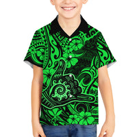 Hawaii Shaka Sign Family Matching Off Shoulder Short Dress and Hawaiian Shirt With Polynesian Hibiscus Green Unique LT01 Son's Shirt Green - Polynesian Pride