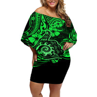 Hawaii Shaka Sign Off Shoulder Short Dress With Polynesian Hibiscus Green Unique LT01 Women Green - Polynesian Pride