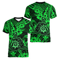 Hawaii Shaka Sign Women V Neck T Shirt With Polynesian Hibiscus Green Unique LT01 - Polynesian Pride