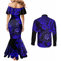 Hawaii Shaka Sign Couples Matching Mermaid Dress and Long Sleeve Button Shirts With Polynesian Hibiscus Navy Blue Unique LT01 - Polynesian Pride