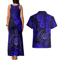 Hawaii Shaka Sign Couples Matching Tank Maxi Dress and Hawaiian Shirt With Polynesian Hibiscus Navy Blue Unique LT01 - Polynesian Pride