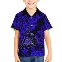 Hawaii Shaka Sign Family Matching Off Shoulder Long Sleeve Dress and Hawaiian Shirt With Polynesian Hibiscus Navy Blue Unique LT01 Son's Shirt Blue - Polynesian Pride