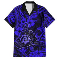 Hawaii Shaka Sign Family Matching Tank Maxi Dress and Hawaiian Shirt With Polynesian Hibiscus Navy Blue Unique LT01 Dad's Shirt - Short Sleeve Blue - Polynesian Pride