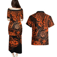 Hawaii Shaka Sign Couples Matching Puletasi Dress and Hawaiian Shirt With Polynesian Hibiscus Orange Unique LT01 - Polynesian Pride