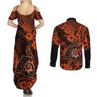 Hawaii Shaka Sign Couples Matching Summer Maxi Dress and Long Sleeve Button Shirts With Polynesian Hibiscus Orange Unique LT01 - Polynesian Pride