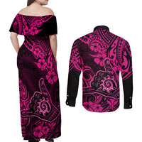 Hawaii Shaka Sign Couples Matching Off Shoulder Maxi Dress and Long Sleeve Button Shirts With Polynesian Hibiscus Pink Unique LT01 - Polynesian Pride