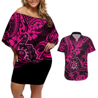 Hawaii Shaka Sign Couples Matching Off Shoulder Short Dress and Hawaiian Shirt With Polynesian Hibiscus Pink Unique LT01 Pink - Polynesian Pride