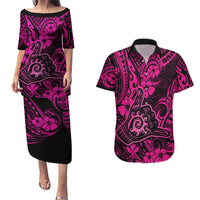 Hawaii Shaka Sign Couples Matching Puletasi Dress and Hawaiian Shirt With Polynesian Hibiscus Pink Unique LT01 Pink - Polynesian Pride