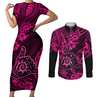 Hawaii Shaka Sign Couples Matching Short Sleeve Bodycon Dress and Long Sleeve Button Shirts With Polynesian Hibiscus Pink Unique LT01 Pink - Polynesian Pride