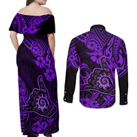 Hawaii Shaka Sign Couples Matching Off Shoulder Maxi Dress and Long Sleeve Button Shirts Polynesian Pattern Purple Version LT01 - Polynesian Pride