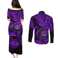 Hawaii Shaka Sign Couples Matching Puletasi Dress and Long Sleeve Button Shirts Polynesian Pattern Purple Version LT01 - Polynesian Pride