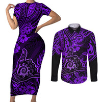 Hawaii Shaka Sign Couples Matching Short Sleeve Bodycon Dress and Long Sleeve Button Shirts Polynesian Pattern Purple Version LT01 Purple - Polynesian Pride