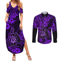 Hawaii Shaka Sign Couples Matching Summer Maxi Dress and Long Sleeve Button Shirts Polynesian Pattern Purple Version LT01 Purple - Polynesian Pride