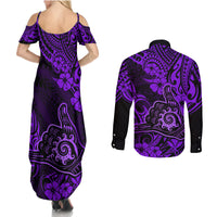 Hawaii Shaka Sign Couples Matching Summer Maxi Dress and Long Sleeve Button Shirts Polynesian Pattern Purple Version LT01 - Polynesian Pride