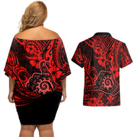Hawaii Shaka Sign Couples Matching Off Shoulder Short Dress and Hawaiian Shirt Polynesian Pattern Red Version LT01 - Polynesian Pride