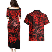 Hawaii Shaka Sign Couples Matching Puletasi Dress and Hawaiian Shirt Polynesian Pattern Red Version LT01 - Polynesian Pride