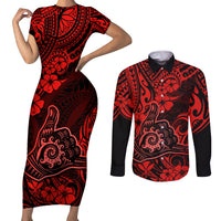 Hawaii Shaka Sign Couples Matching Short Sleeve Bodycon Dress and Long Sleeve Button Shirts Polynesian Pattern Red Version LT01 Red - Polynesian Pride