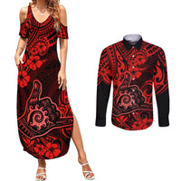 Hawaii Shaka Sign Couples Matching Summer Maxi Dress and Long Sleeve Button Shirts Polynesian Pattern Red Version LT01 Red - Polynesian Pride