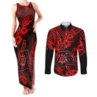 Hawaii Shaka Sign Couples Matching Tank Maxi Dress and Long Sleeve Button Shirts Polynesian Pattern Red Version LT01 Red - Polynesian Pride