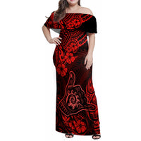 Hawaii Shaka Sign Family Matching Off Shoulder Maxi Dress and Hawaiian Shirt Polynesian Pattern Red Version LT01 Mom's Dress Red - Polynesian Pride