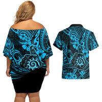 Hawaii Shaka Sign Couples Matching Off Shoulder Short Dress and Hawaiian Shirt Polynesian Pattern Sky Blue Version LT01 - Polynesian Pride