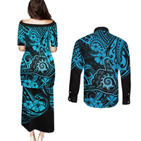 Hawaii Shaka Sign Couples Matching Puletasi Dress and Long Sleeve Button Shirts Polynesian Pattern Sky Blue Version LT01 - Polynesian Pride