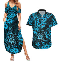 Hawaii Shaka Sign Couples Matching Summer Maxi Dress and Hawaiian Shirt Polynesian Pattern Sky Blue Version LT01 Blue - Polynesian Pride