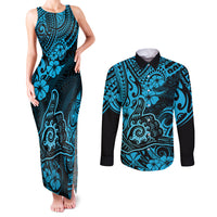 Hawaii Shaka Sign Couples Matching Tank Maxi Dress and Long Sleeve Button Shirts Polynesian Pattern Sky Blue Version LT01 Blue - Polynesian Pride