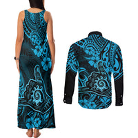 Hawaii Shaka Sign Couples Matching Tank Maxi Dress and Long Sleeve Button Shirts Polynesian Pattern Sky Blue Version LT01 - Polynesian Pride