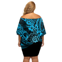 Hawaii Shaka Sign Off Shoulder Short Dress Polynesian Pattern Sky Blue Version LT01 - Polynesian Pride