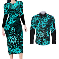 Hawaii Shaka Sign Couples Matching Long Sleeve Bodycon Dress and Long Sleeve Button Shirts Polynesian Pattern Turquoise Version LT01 Turquoise - Polynesian Pride