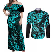 Hawaii Shaka Sign Couples Matching Off Shoulder Maxi Dress and Long Sleeve Button Shirts Polynesian Pattern Turquoise Version LT01 Turquoise - Polynesian Pride