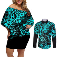 Hawaii Shaka Sign Couples Matching Off Shoulder Short Dress and Long Sleeve Button Shirts Polynesian Pattern Turquoise Version LT01 Turquoise - Polynesian Pride