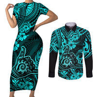Hawaii Shaka Sign Couples Matching Short Sleeve Bodycon Dress and Long Sleeve Button Shirts Polynesian Pattern Turquoise Version LT01 Turquoise - Polynesian Pride
