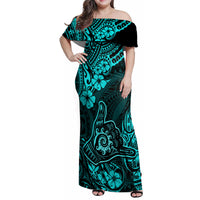 Hawaii Shaka Sign Family Matching Off Shoulder Maxi Dress and Hawaiian Shirt Polynesian Pattern Turquoise Version LT01 Mom's Dress Turquoise - Polynesian Pride