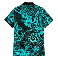 Hawaii Shaka Sign Family Matching Off Shoulder Short Dress and Hawaiian Shirt Polynesian Pattern Turquoise Version LT01 - Polynesian Pride