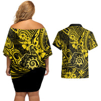 Hawaii Shaka Sign Couples Matching Off Shoulder Short Dress and Hawaiian Shirt Polynesian Pattern Yellow Version LT01 - Polynesian Pride